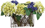 Hydrangeas, Cornflower and Sedum 21" Wide Faux Flowers Vase Hydrangea