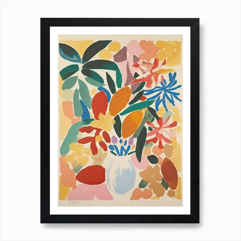 Framed floral illustration wall art with multicolor abstract lily-style flowers