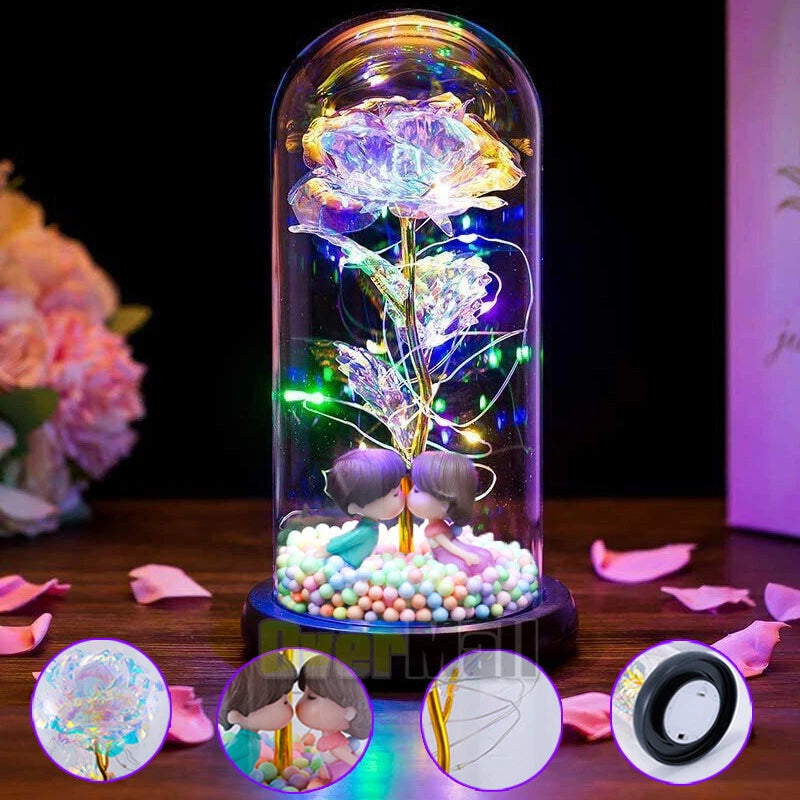 LED eternal rose in glass dome with multicolor lights and base, flower detail