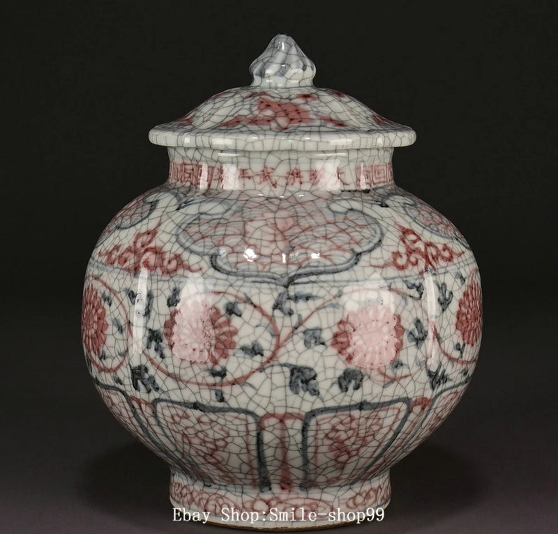9.8" Xuande Blue White Red Glaze Porcelain Fengshui Peony Flower Crock Pot Jar Peony