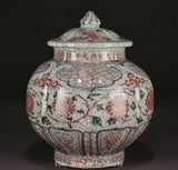 9.8" Xuande Blue White Red Glaze Porcelain Fengshui Peony Flower Crock Pot Jar Peony