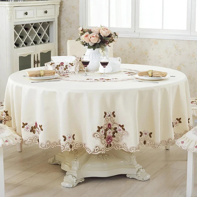 Round Coffee TableCloth Embroidery Peony Flower Dining TableCover Tea Dust Cover Peony