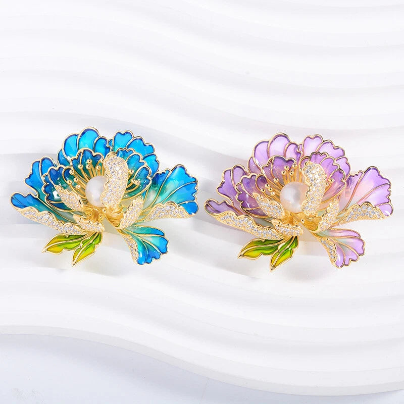 Women Girls Peony Flower Brooch Pin Pearl Cubic Zirconia Lapel Pins Jewelry Gift Peony