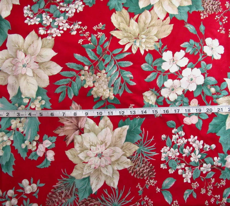 1 yd 100% Cotton Fabric Christmas Large Cream Poinsettias with Florals Flowering Plants