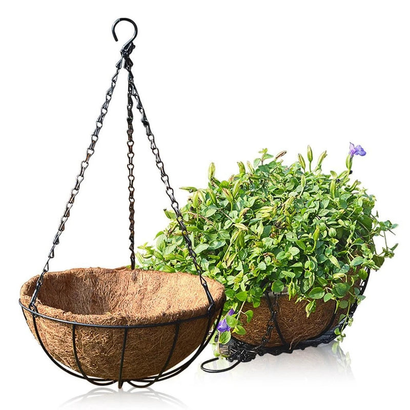 Hanging flower basket pot with woven liner and metal chain hangers, dark brown