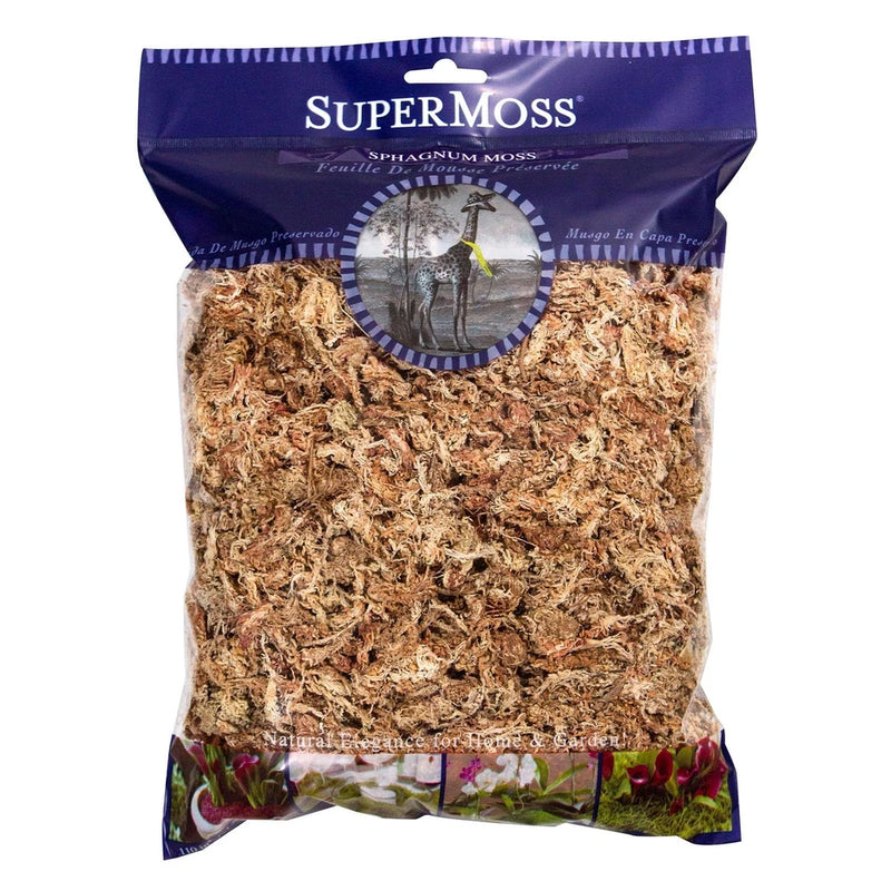 Bulk sphagnum moss in a sealed purple bag with visible dried moss strands