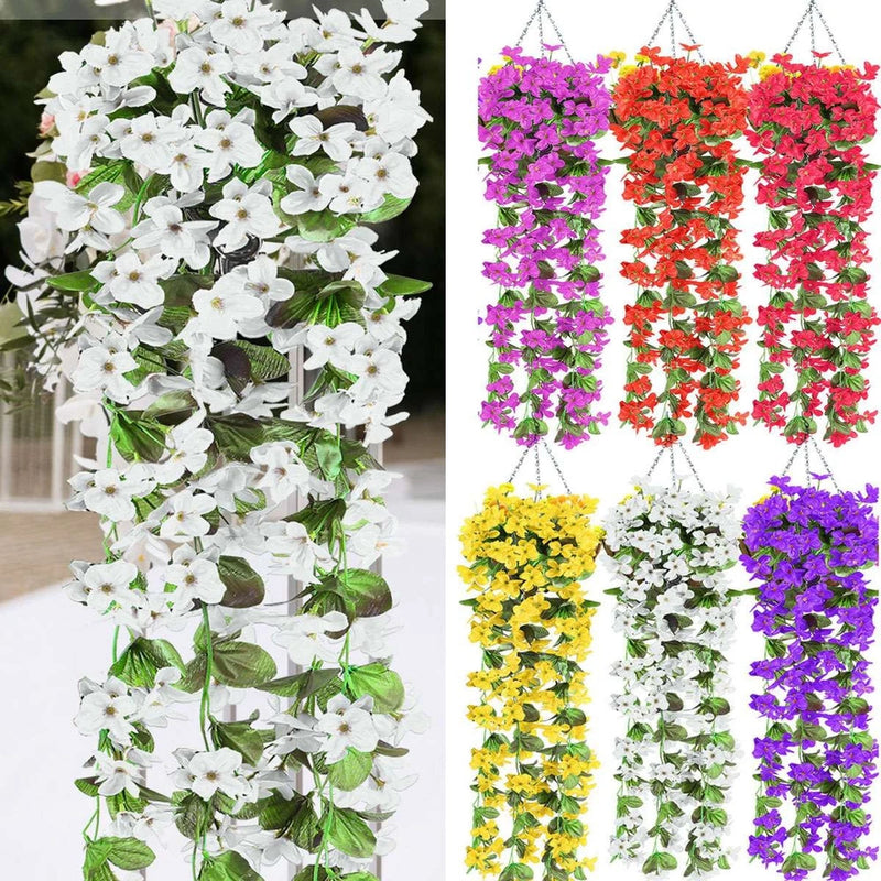 Artificial hanging flower vine with white blossoms and green leaves
