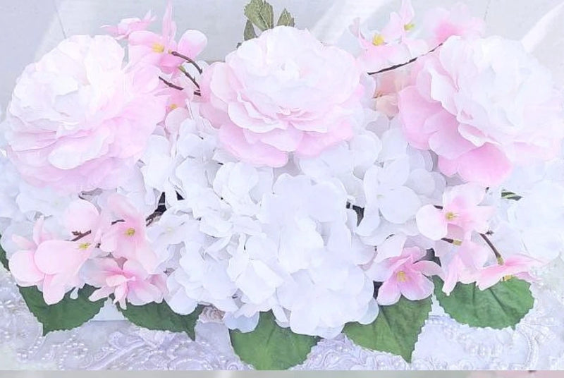 Pink Rose White Floral Arrangement Flowerbox Home Decor / Wedding Shabby Cottage Ranunculus