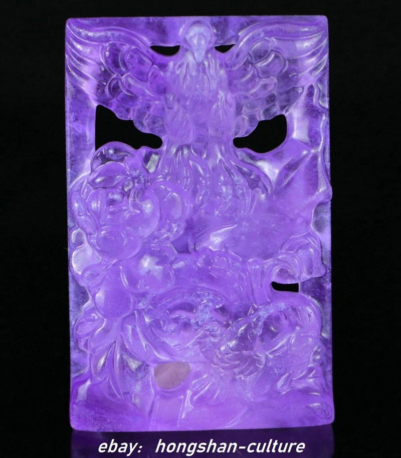 3''Chinese Purple Jade Carving Phoenix Phenix Peony Flower Amulet Pendant Peony
