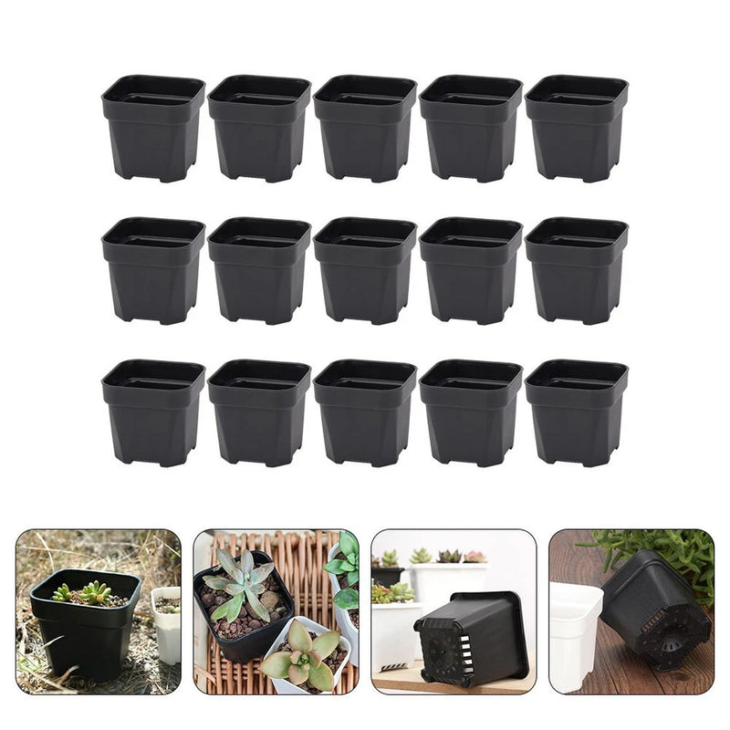 Set of 15 small black plastic nursery pots, square planters for seedlings and plants
