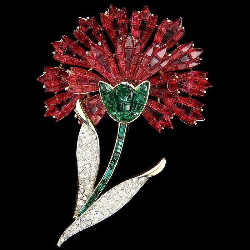 Trifari Philippe Gold Pave Invisibly Set Ruby & Emerald Red Carnation Flower Pin Carnation