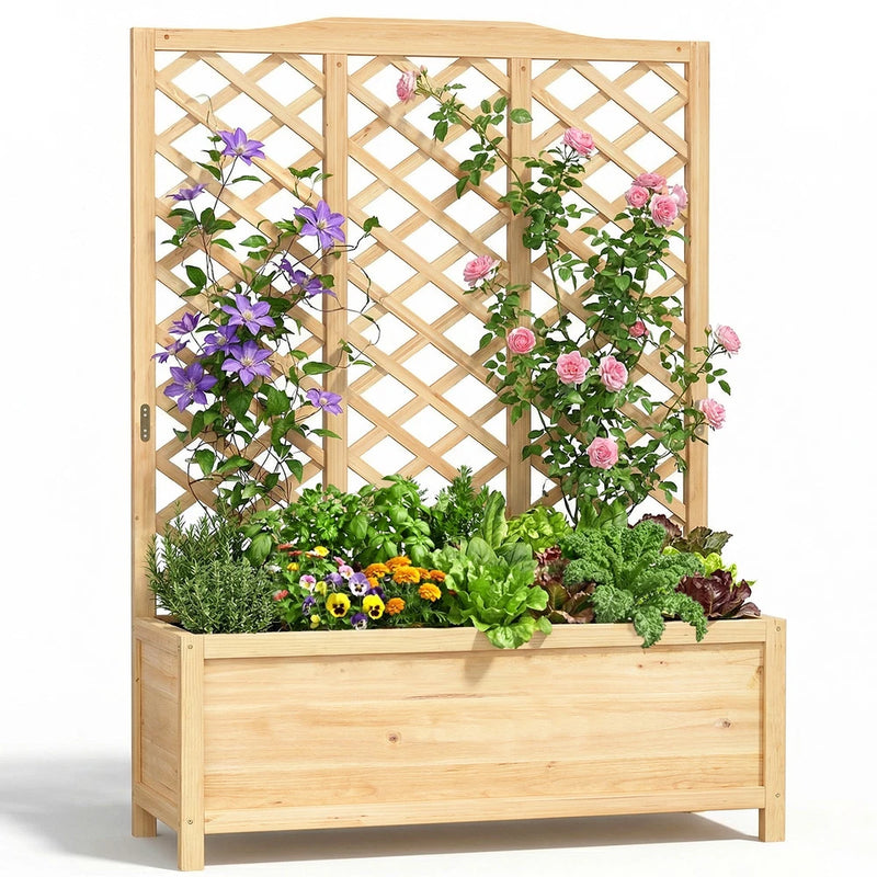 Wooden raised garden bed with lattice trellis and planted flowers