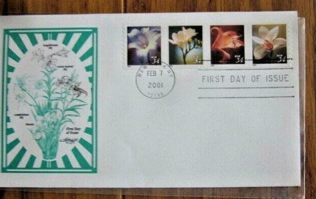 LILY FLOWERS COMPLETE 4 STAMP STRIP   2001 ARTMASTER CACHET FDC VF UNADDR Lily