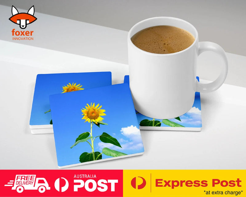 Sunflower coffee drinking mat coaster set, blue square with yellow flower design