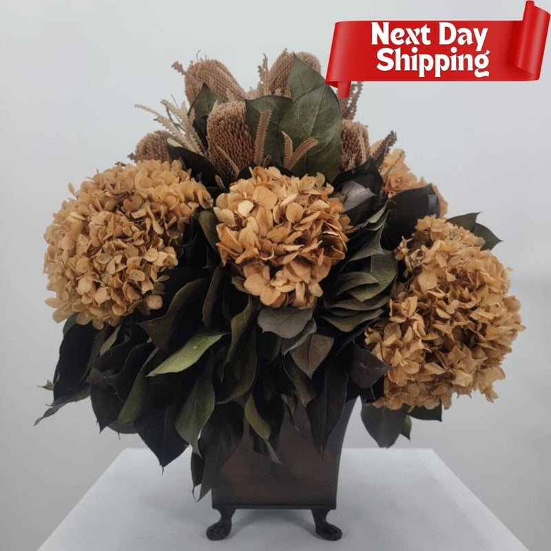 Rustic Dried Floral Arrangement - Hydrangea Bouquet in Vintage Vase for Home Dec Hydrangea
