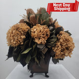 Rustic Dried Floral Arrangement - Hydrangea Bouquet in Vintage Vase for Home Dec Hydrangea