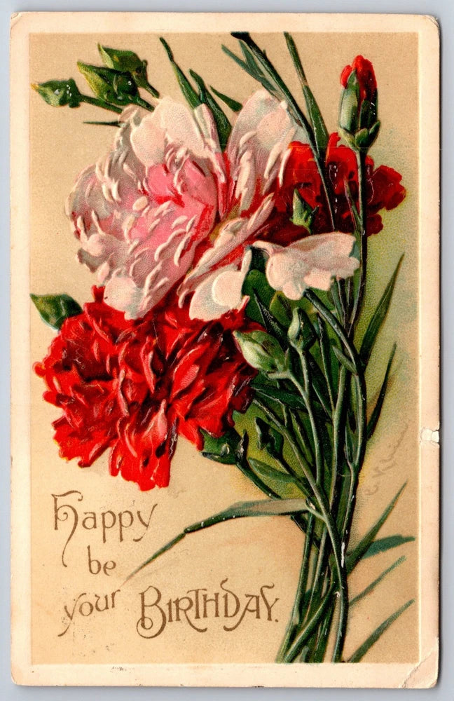 Vintage birthday postcard with bouquet of red, pink, and white carnations