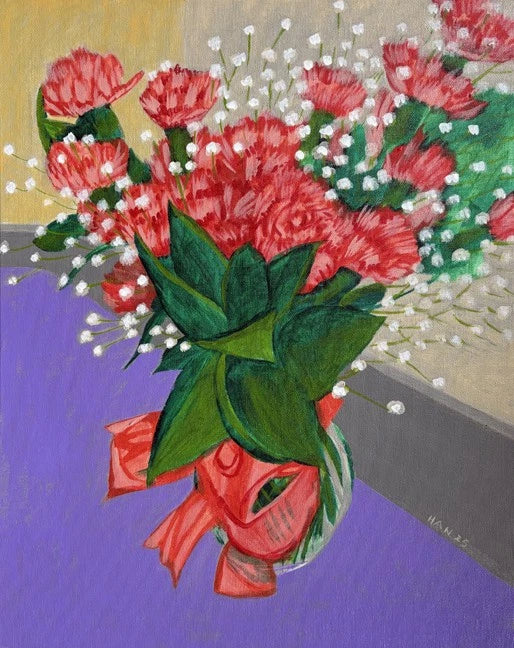 Signed original acrylic painting of red carnation bouquet with green leaves