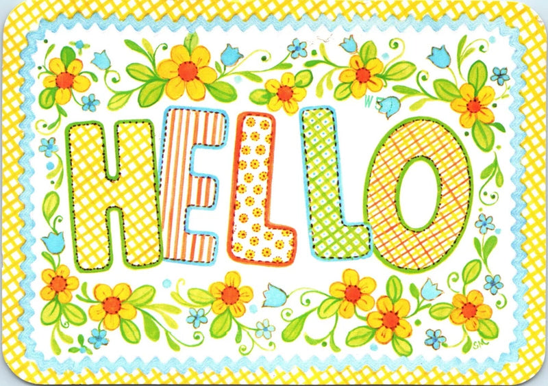 Vtg Postcard Hello Sunflowers and Leaves with Blue Tulips and Blue Flowers 1988? Sunflower