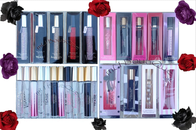 Travel EDP perfume roller-ball and spray bottles, assorted colors in boxes