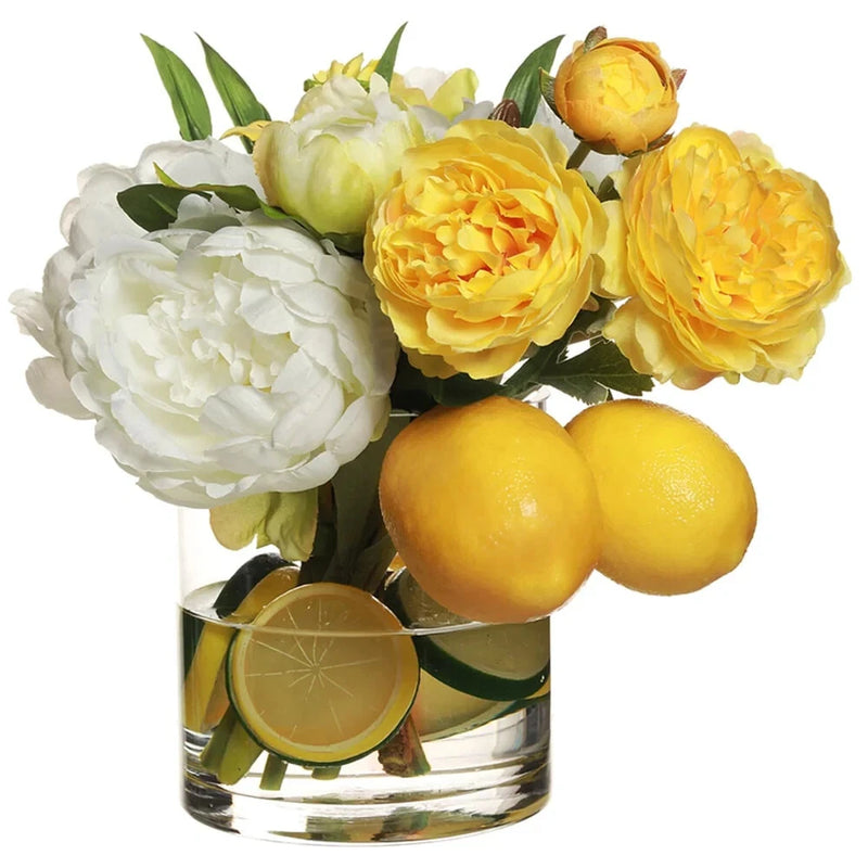 Silk Peony Ranunculus Faux Floral with Lemon & Lime in Glass Vase Ranunculus