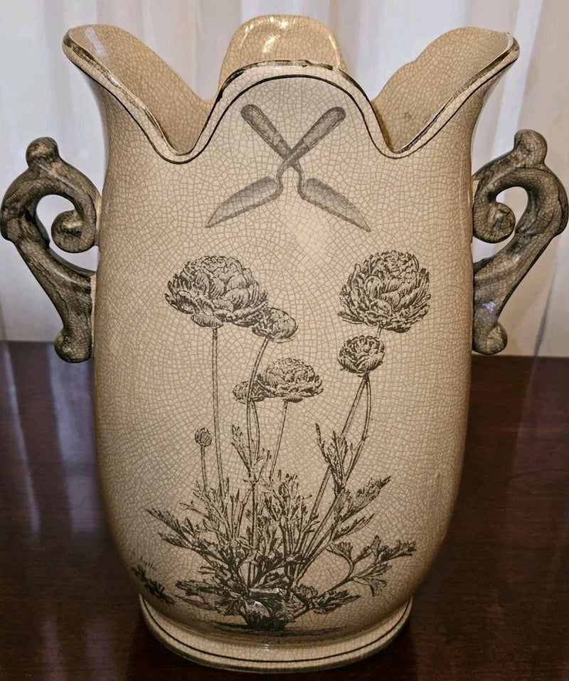 Vintage Cream Vase with Gray Floral Ranunculus and Gardening Image Crackle 12" Ranunculus