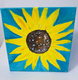 Yellow SUNFLOWER Original Acrylic Painting - TEAL background 6x6x1.5 " Canvas Sunflower