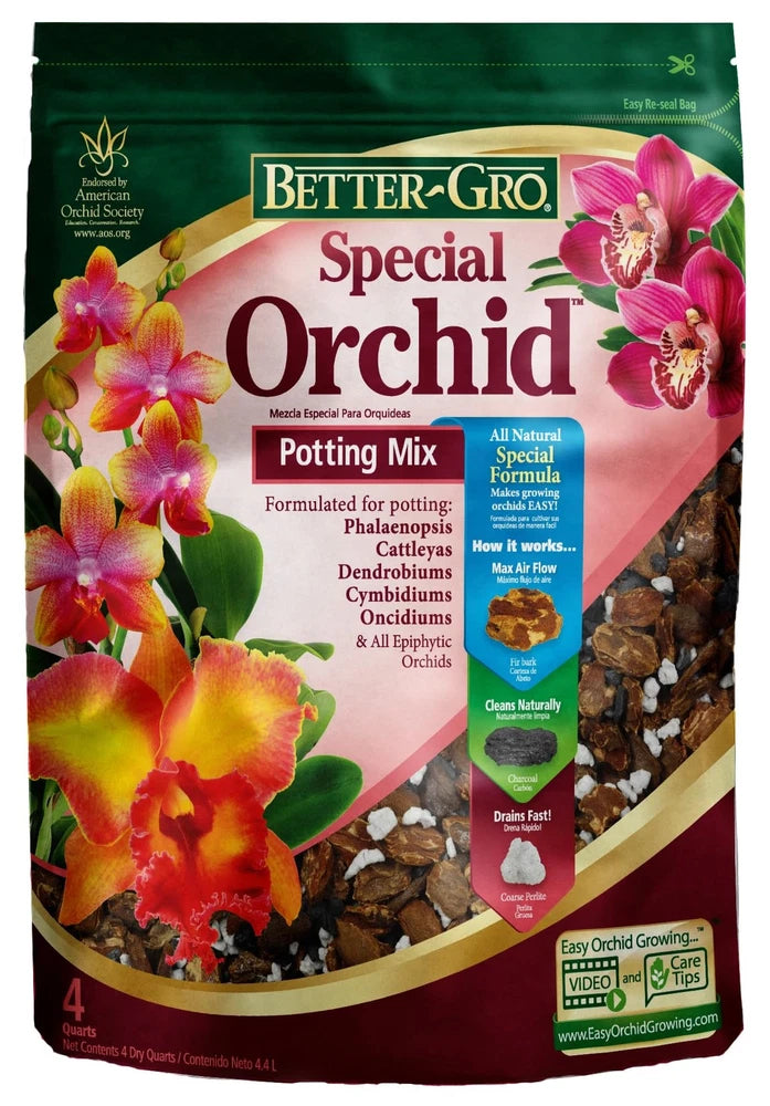 Better-Gro Special Orchid potting mix bag with dark orchid bark and orchid flowers