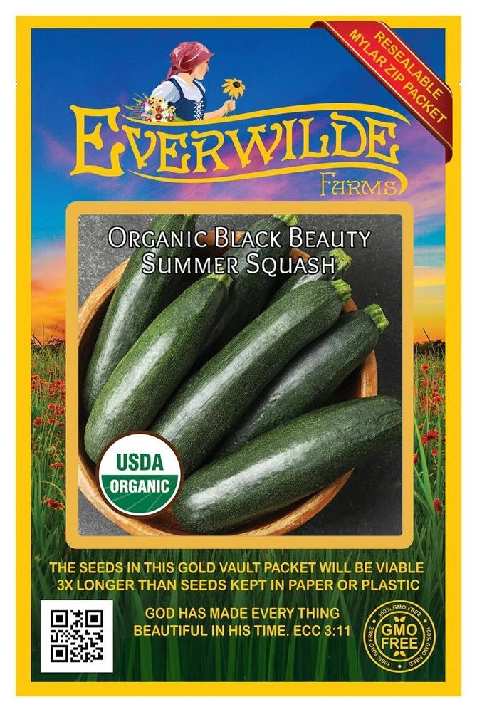 20 Organic Black Beauty Summer Squash Seeds - Everwilde Farms Mylar Seed Packet Garden Plants