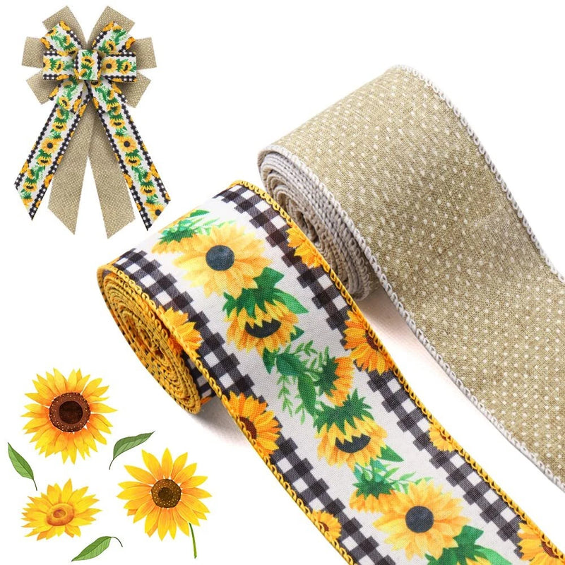 2 Rolls 2.5" _ 5 yd Fall Flower Wired Edge Ribbon Thanksgiving Sunflower Burl... Sunflower
