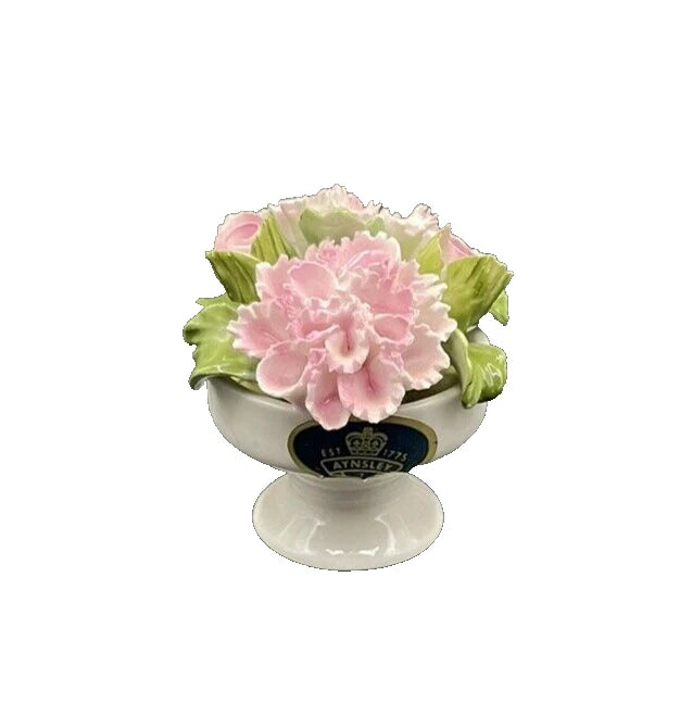 Aynsley fine bone china flower centerpiece with pink carnation bloom and green leaves