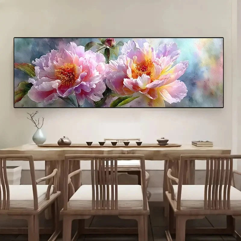 Panoramic peony flower canvas print wall art with pink and lavender blossoms in a rectangular frame