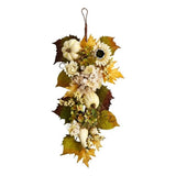 33" Fall Sunflower/Hydrangea and White Pumpkin Artificial Autumn Teardrop Green Sunflower