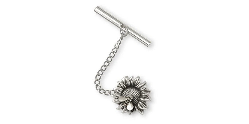 Sterling silver sunflower tie tack with dangling flower detail and clasp pin