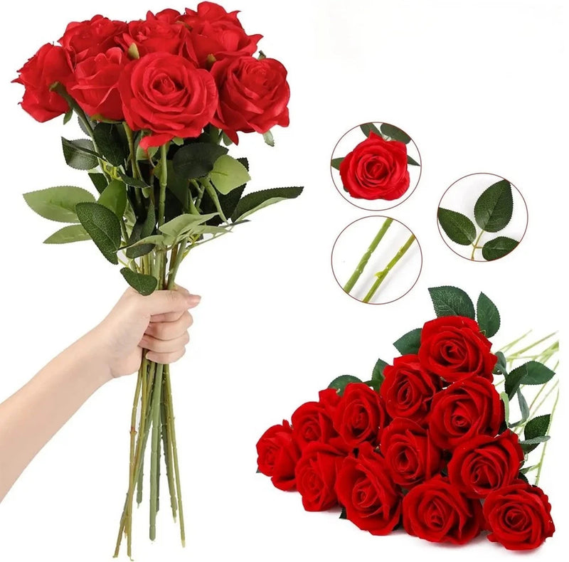 10 pcs Red Silk Roses Artificial Flowers Realistic Bouquet Home Decor Xmas Gifts Bouquet