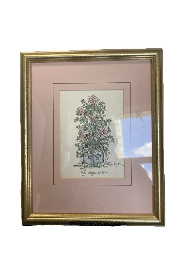 MARY HUGHES FRAMED WATERCOLOR FLORAL BOUQUETS SIGNED ART Hydrangea Ivy Pink Hydrangea