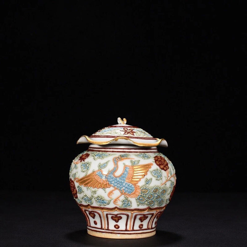 5.5" old antique yuan dynasty porcelain gilt peony flower phoenix louts leaf pot Peony