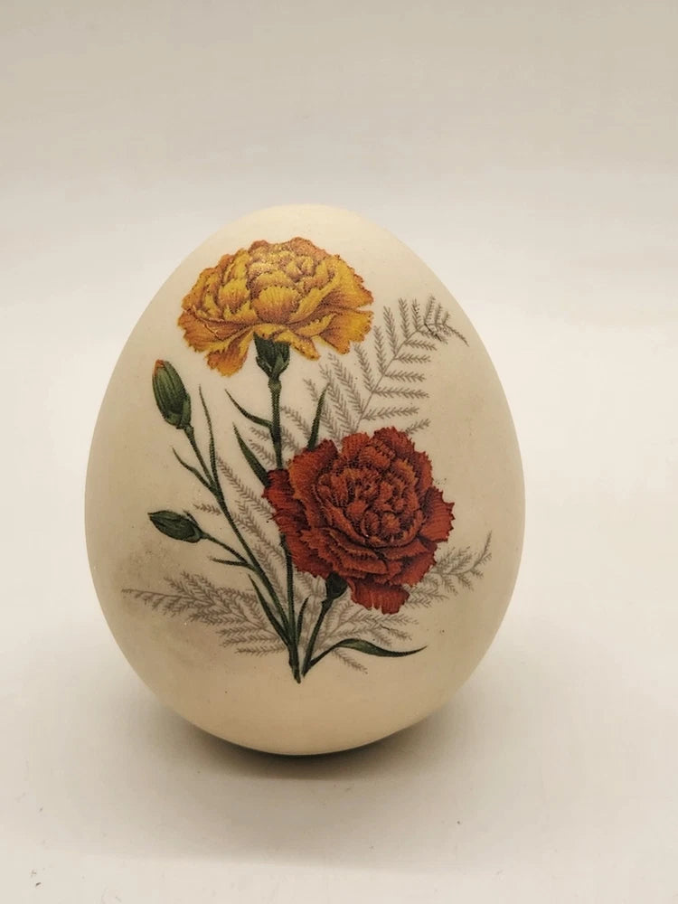 Vintage Porcelain Off White Egg with Yellow and Red Carnation Flowers Carnation