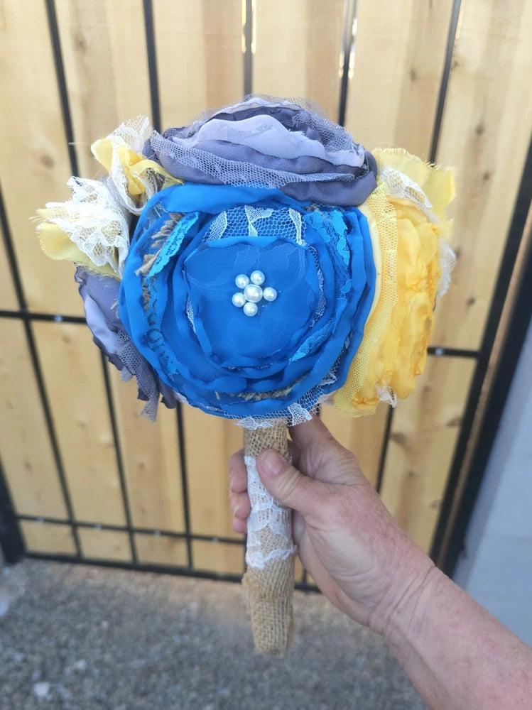 Bridal Bridesmaid Wedding Bouquet Country Blue Grey Yellow Lace Flower Homemade Bouquet