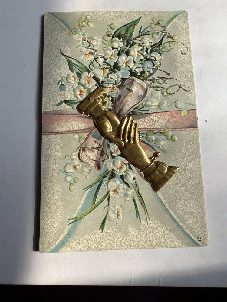 Lily Of The Valley Return Of Happiness White Flowers Pink Ribbon Postcard Hands Lily