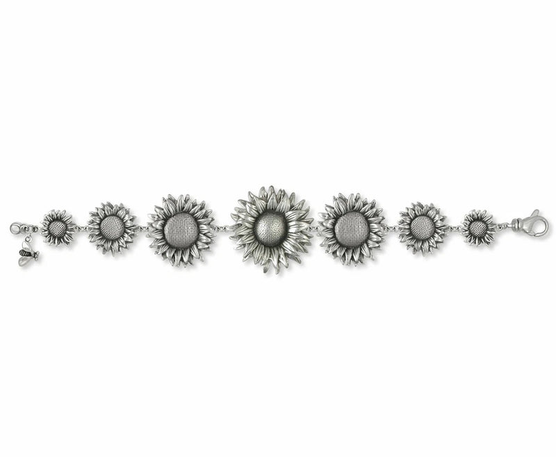 Sterling silver sunflower charm bracelet with six flower charms and lobster clasp