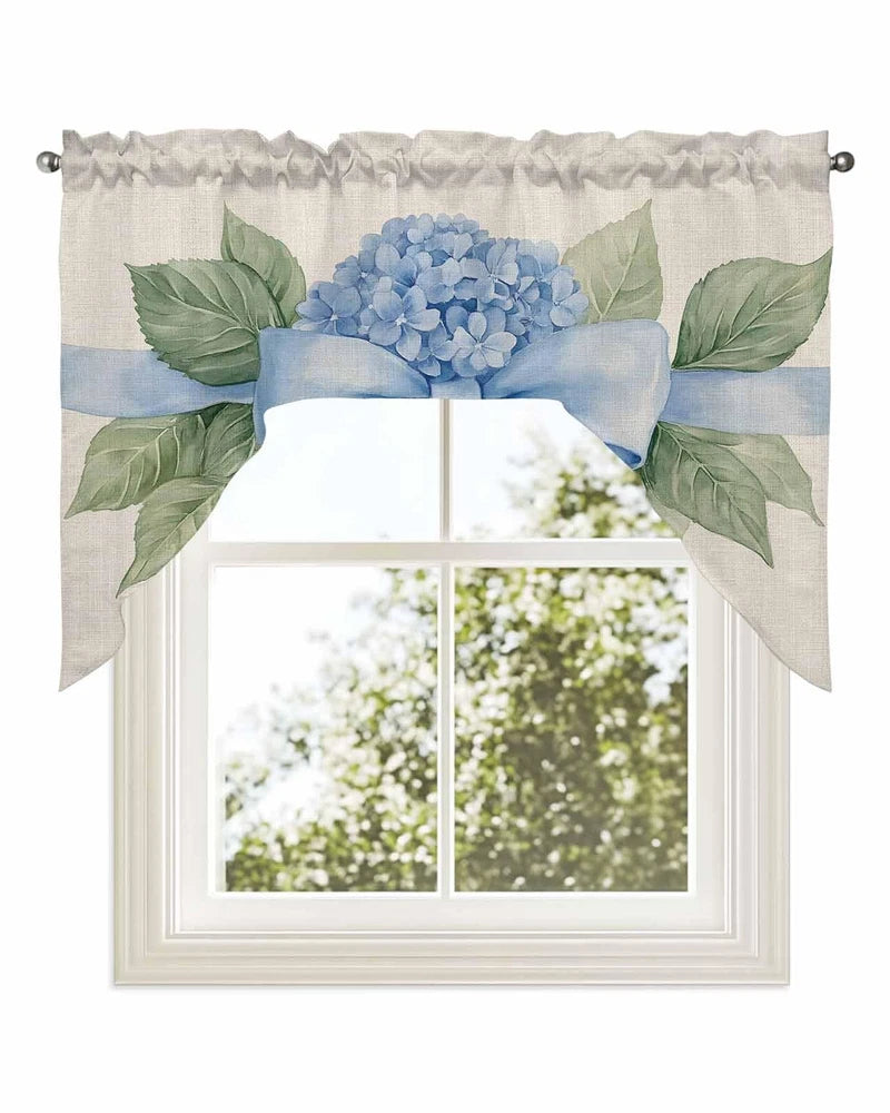 Hydrangea Flower Swag Valance Kitchen Curtains 56" x 36", Pastoral Blue Bow F... Hydrangea