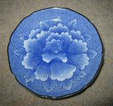Vtg Japanese blue & white peony flower plate, Matsumine Kiln mark, 4 5/8" Peony