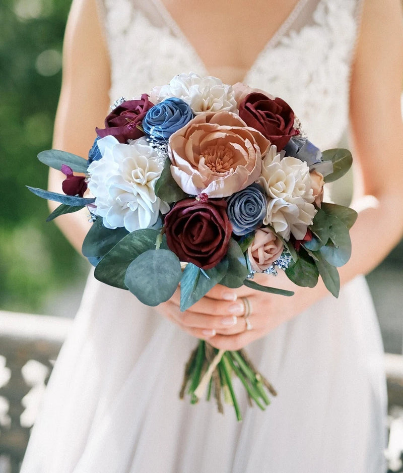 Sola wood floral bouquet with burgundy, dusty blue, blush roses and greenery leaves