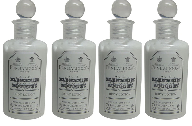 Penhaligons Blenheim Bouquet body lotion bottles, set of 4, clear bottles with white caps