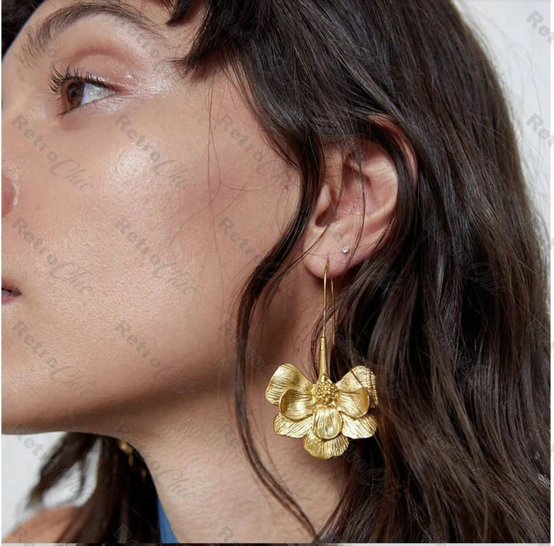 Zara Gold Flower Drop Statement Ornate Long Hook Earrings UK Lily