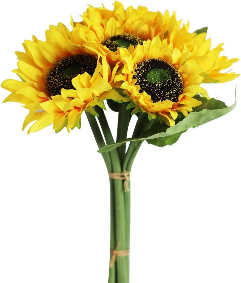 Artificial sunflower arrangement with bright yellow blooms and green stems