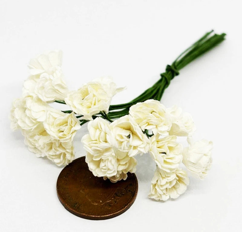 1:12 scale white paper carnation flower bunch with green stems