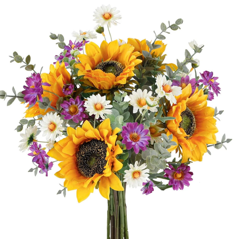 Artificial sunflower bouquet with orange and purple blooms, white daisies, and green leaves