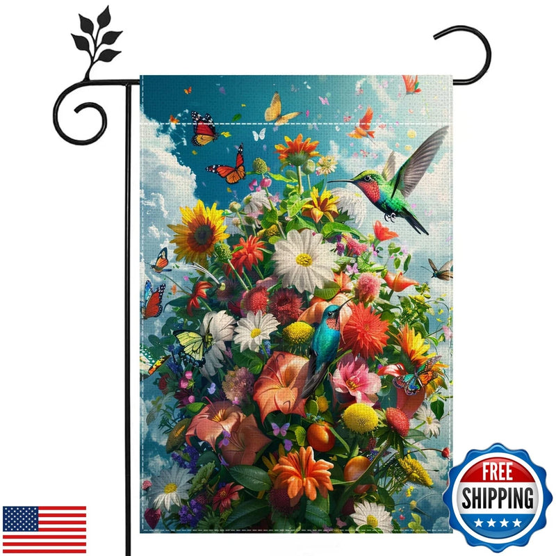Garden flag with hummingbirds and sunflowers, colorful double-sided floral design